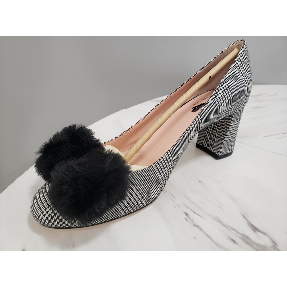 NEW SZ 8 Kate Spade Prince Wales Carine Pumps Block Heel Houndstooth Black White - Picture 5 of 6